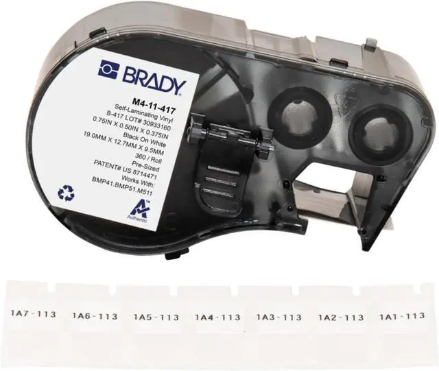 Main image of Brady Authentic (M4-11-427) Self-Laminating Vinyl Wrap Around Labels 0.75" H x 0.5" W Black on White, Clear, 360 Labels. for use with the BMP41, BMP51, and M511 Label Printers