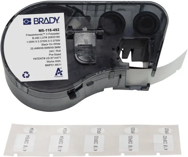 Main image of Brady Authentic (M5-118-492) FreezerBondz Ultra-Thin Cryogenic Polyester LBL .375 x 1 x .375Dia Black on White, 240 Labels. for use with the BMP51 and M511 Label Printers