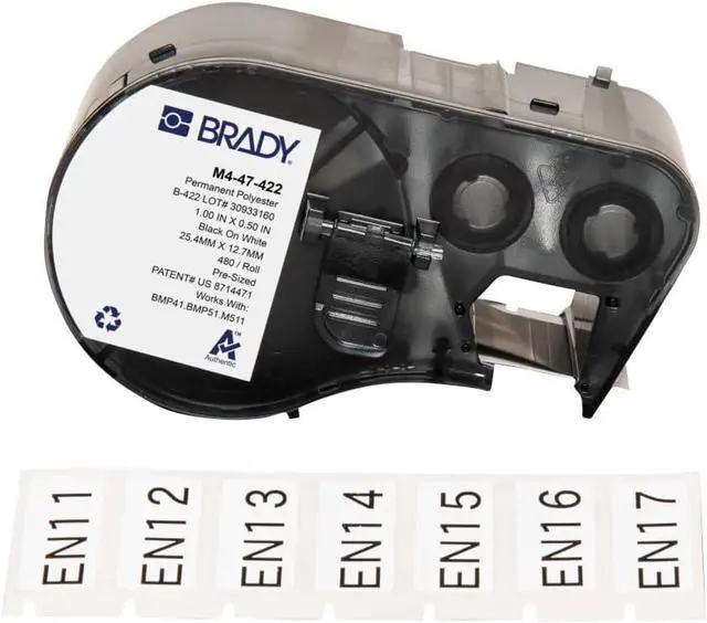 Main image of Brady Authentic (M4-47-422) Aggressive Adhesive Multi-Purpose Polyester Labels 0.5" H x 1" W Black on White, 480 Labels. for use with the BMP41, BMP51, and M511 Label Printers