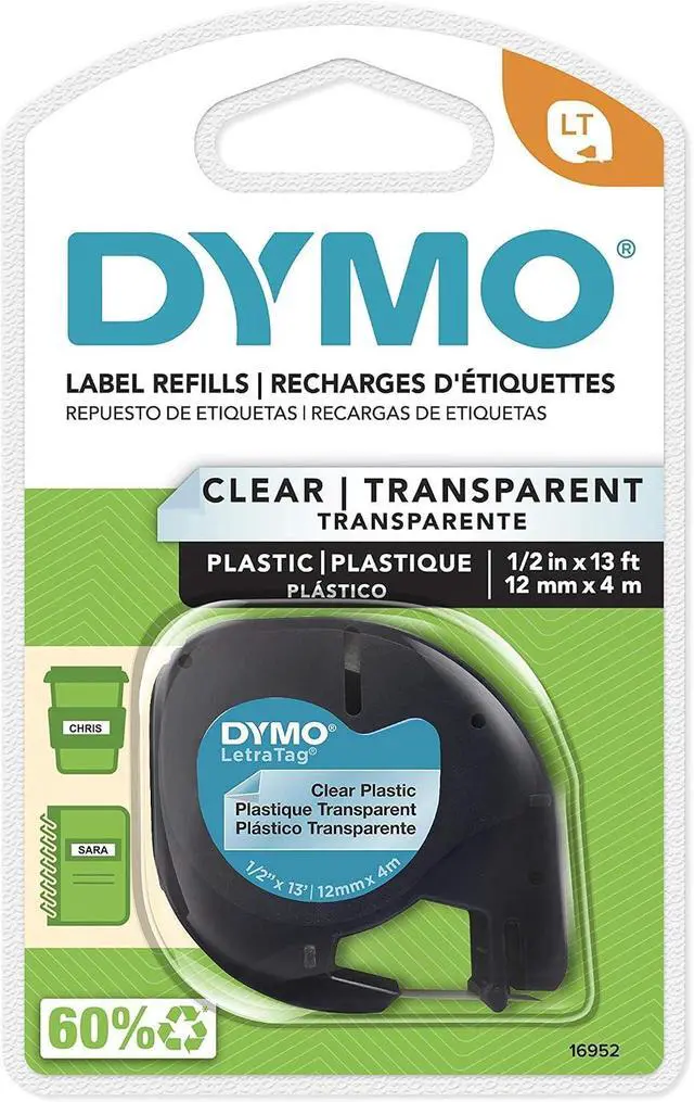 Main image of DYMO - DYM16952 Authentic LetraTag Labeling Tape for LetraTag Label Makers, Black Print on Clear pastic Tape, 1/2'' W x 13' L, 1 roll (16952) (Pack of 5)