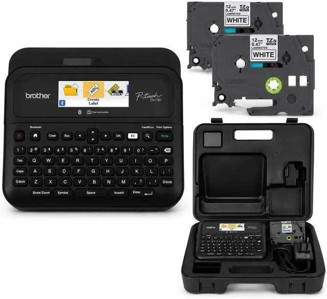 Main image of Brother Business Professional Connected Label Maker Bundle with Carrying Storage Case and TZe2312PK P-Touch Black Print on White Laminated Label Tape