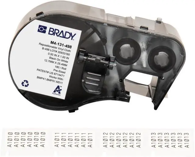 Main image of Brady Authentic (M4-131-498) Repositionable Multi-Purpose Vinyl Cloth Labels 0.5" H x 1" W Black on White, 180 Labels. for use with The BMP41, BMP51, and M511 Label Printers