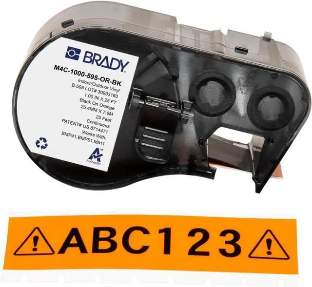 Main image of Brady Authentic (M4C-1000-595-OR-BK) All-Weather Vinyl Labels 1 in W x 25ft Black on Orange. for use with BMP41, BMP51, M410, M510, and M511 Label Printers.