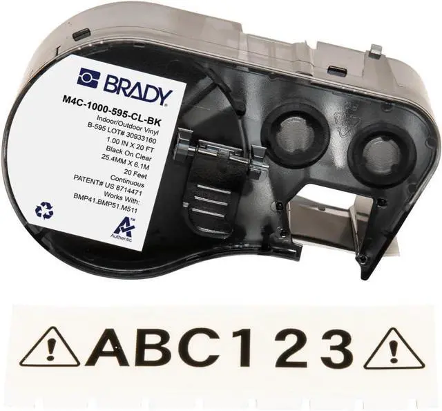 Main image of Brady Authentic (M4C-1000-595-CL-BK) All-Weather Permanent Adhesive Vinyl Labels 1 in W x 20ft Black on Clear. for use with BMP41, BMP51, M410, M510, and M511 Label Printers.