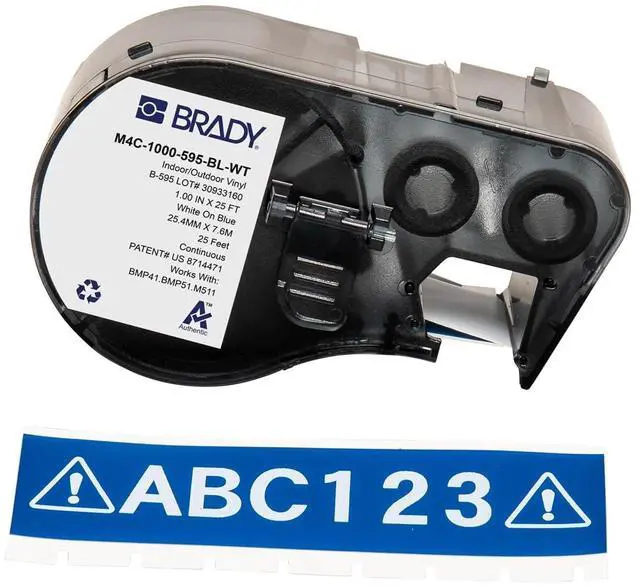 Main image of Brady Authentic (M4C-1000-595-BL-WT) All-Weather Vinyl Labels 1 in W x 25ft White on Blue. for use with BMP41, BMP51, M410, M510, and M511 Label Printers.
