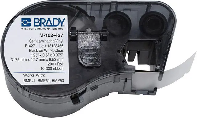 Main image of Brady - 143261 M-102-427 Vinyl B-427 Black on White/Clear Label Maker Cartridge, 1/2" Width x 1-1/4" Height, 0.375" Printable Area, for BMP51/BMP53 Printers