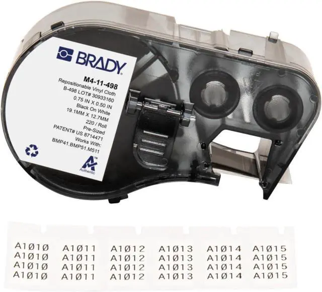 Main image of Brady Authentic (M4-11-498) Repositionable Multi-Purpose Vinyl Cloth Labels 0.5" H x 0.75" W Black on White, 220 Labels. for use with the BMP41, BMP51, and M511 Label Printers