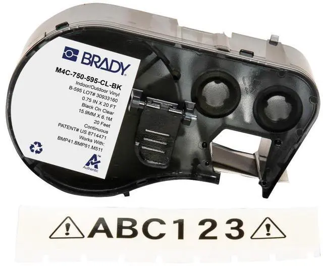 Main image of Brady Authentic (M4C-750-595-CL-BK) All-Weather Permanent Adhesive Vinyl Labels 0.75 in W x 20ft Black on Clear. for use with BMP41, BMP51, M410, M510, and M511 Label Printers.