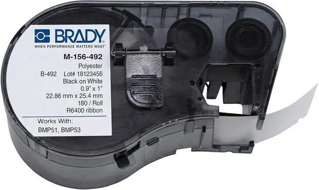 Main image of Brady M-156-492 Polyester B-492 Black on White Label Maker Cartridge, 1" Width x 57/64" Height, for BMP51/BMP53 Printers
