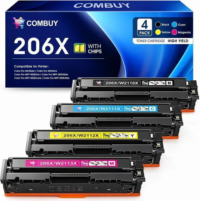 Main image of 206X Toner Cartridges 4 Pack M283fdw M283cdw Compatible for HP 206X 206A Color LaserJet Pro MFP M283fdw M283cdw M255dw M282nw M283fdn M255nw M283 M282 M255 Toner with Chip Black Cyan Yellow Magenta