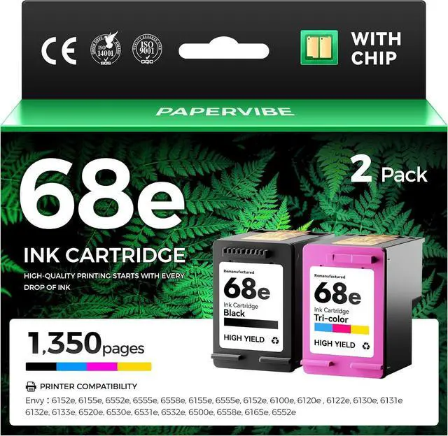 Main image of 68e 68 Ink Cartridges with chip Black Tri-Color Combo 2-Pack High Yield Replacement for HP Ink 68e 68XL Compatible Work for HP Envy 6155e 6555e 6152e 6552e 6558e 6110e 6500e 6100e 6165e Printer Inkjet