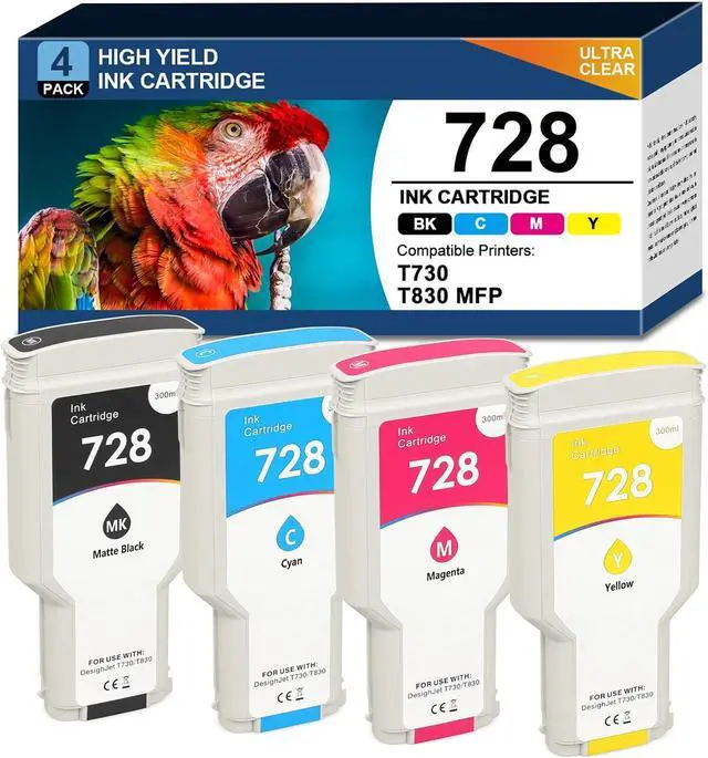 Main image of 728 Ink Cartridges Compatible with HP DesignJet T830 MFP T730 Large Format Printers for F9J68A F9K17A F9K16A F9K15A, 4-Pack 1x300ml Matte Black,3x130ml Cyan/Magenta/Yellow