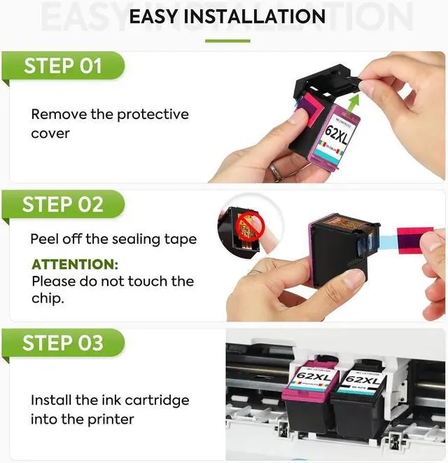 Alt view image 5 of 7 - 62XL Ink Cartridges Black and Color Replacement for HP 62XL Combo Pack