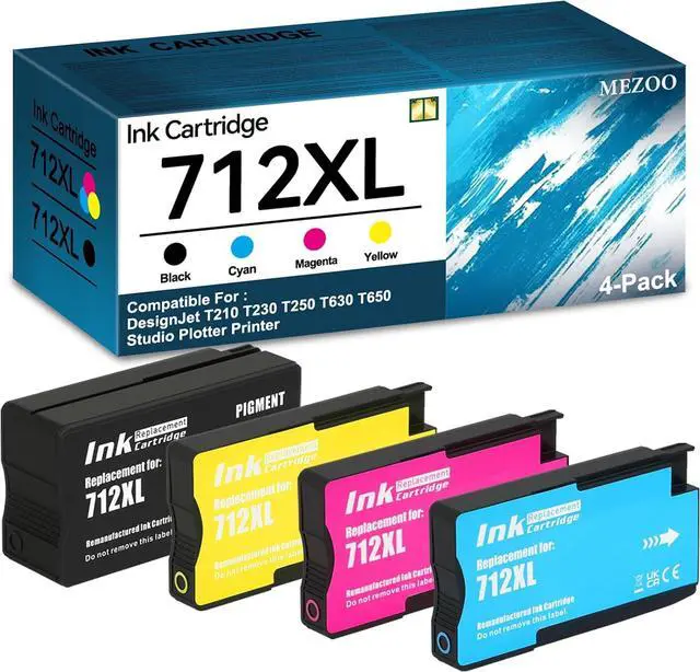 Main image of MEZOO 712 712XL Ink Cartridge High Yield Compatible for 712XL 712 Ink Combo Pack Replacement for DesignJet T650 T630 T230 T210 Studio Plotter Printer(4 Pack, 80-ml Black + 29-ml Cyan/Magenta/Yellow)