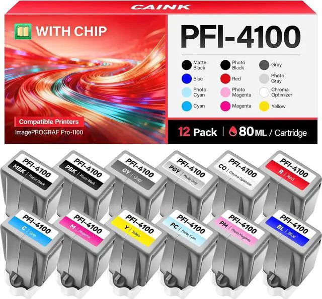 Main image of PFI-4100 Pigment Ink Tank Set 12-Pack 80ml High Capacity Replacement for Canon PFI-4100 PFI4100 Ink Cartridges Compatible with Canon ImagePROGRAF PRO-1100 Color Printer Matte Black Cyan Yellow Magenta