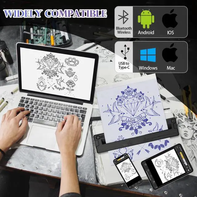 Alt view image 6 of 7 - Wireless Tattoo Stencil Printer, Portable Bluetooth Thermal Tattoo Printer with App Custom-Size A4, Print Realistic Portraits, 10 Transfer Papers, Works for Phone/Tablet/PC (Black)