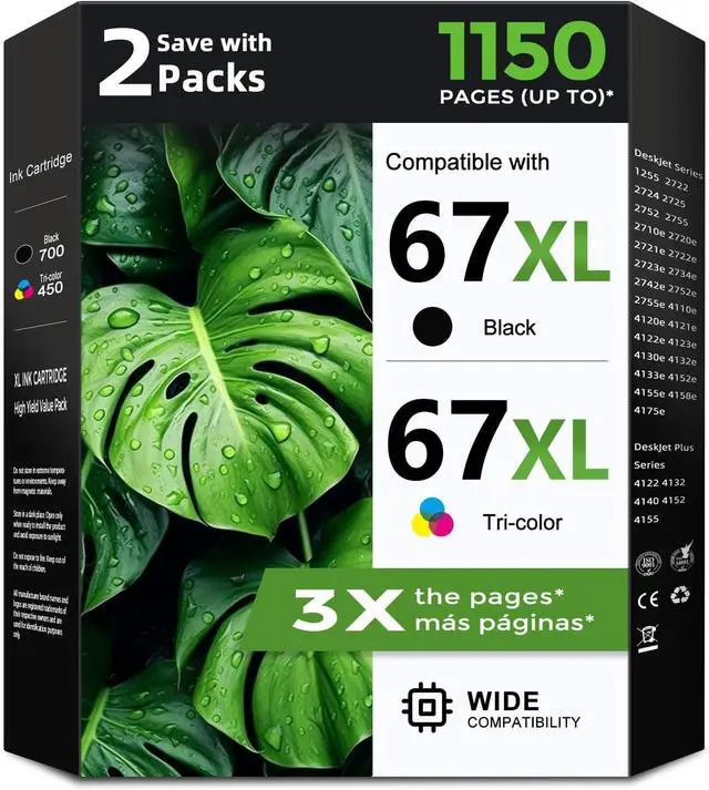 Main image of 67XL Ink Cartridges Black/Color Combo Pack Replacement for HP Ink 67 XL HP67XL Cartridge for 2700 2700e 4100 6400 4155e 2755e 2752e 4100e 6458 6455e 4152 6055e 6052e 4152e 2742e 6400e Printer (2 Pack)