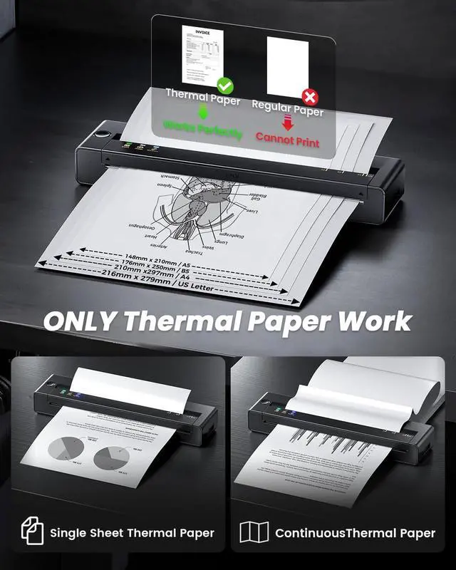 Alt view image 6 of 7 - TATTMUSE Portable Printers Wireless for Travel, Inkless Thermal Printer Compatible with iOS/Android/PC, Bluetooth Small Mobile Printer Support 8.5" X 11" US Letter Thermal Paper
