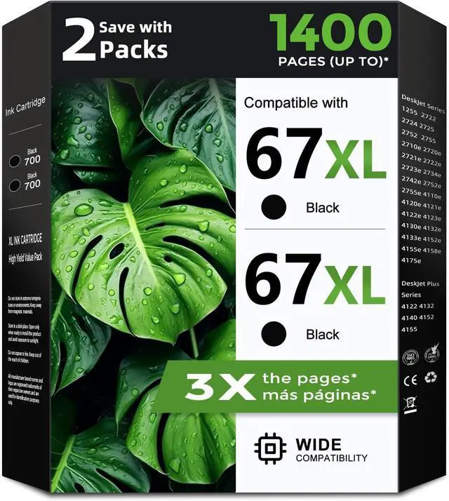 Main image of 67XL Black Ink Cartridge Replacement for HP Ink 67 HP67XL Cartridges (2-Black)Work with DeskJet 2755e 2855e 2800e 2852e 2827e 4227e 4255e ENVY 2700 6055e 6075 6432e 6455e 6458e 6475e Pro 6455 Printer