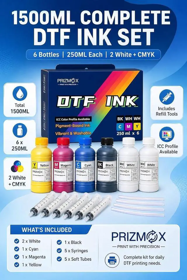 Alt view image 2 of 7 - DTF Ink 1500ML Combo Pack Pigment Ink Use with DTF Film Heat Transfer Printing, Refill for DTF Printer DX5 DX7 5113 XP600 I3200 4720 XP15000(2 White+KCMY, 250ml x 6)
