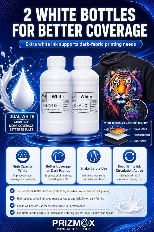 Alt view image 5 of 7 - DTF Ink 1500ML Combo Pack Pigment Ink Use with DTF Film Heat Transfer Printing, Refill for DTF Printer DX5 DX7 5113 XP600 I3200 4720 XP15000(2 White+KCMY, 250ml x 6)