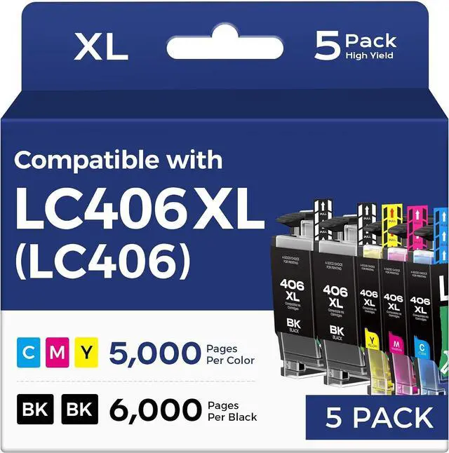 Main image of LC406XL Ink Cartridges for Brother Printer Replacement for LC406 XL, 5 Pack