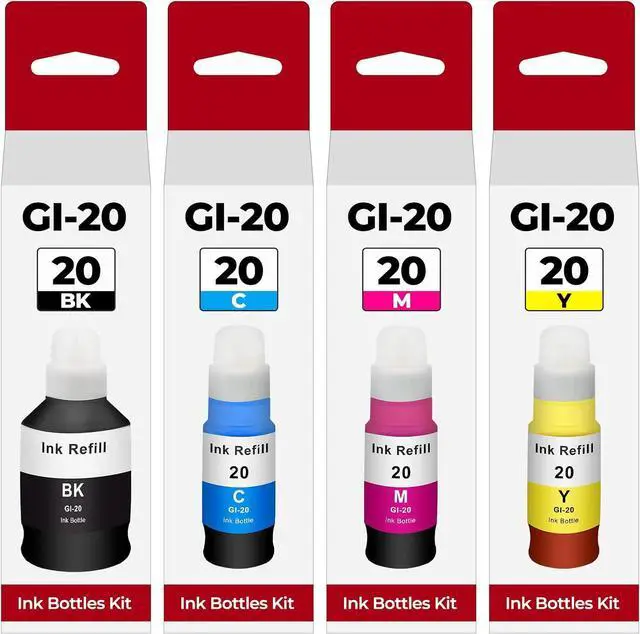 Main image of G6020 G7020 GI-20 Ink Refill Bottles Kit Compatible with Canon PIXMA G6020 G7020 G5020 MegaTank Printer for Canon 20 GI-20 GI20 GI 20 Bottle Refill Dye Printer Ink Black Cyan Magenta Yellow 4 Pack