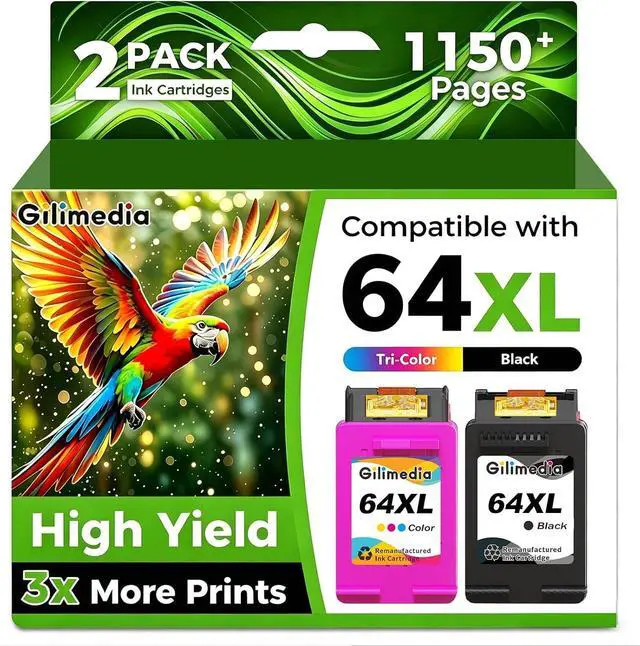Main image of GILIMEDIA 64XL Black Color Ink Cartridge Compatible for HP 64 Ink, 2 Pack