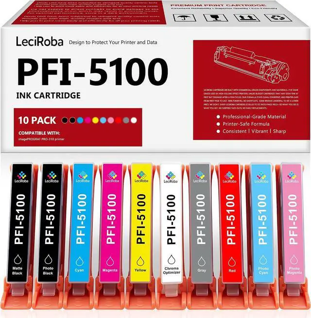 Main image of LeciRoba PFI-5100 10 Color Pack Compatible Ink Cartridge Replacement for Canon PFI-5100 PFI5100 Ink Cartridge Tank for Canon imagePROGRAF PRO-310 Printer (MBK, PBK, C, M, Y, R, GY, PC, PM, CO)