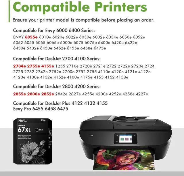 Alt view image 2 of 6 - 67 67XL 2755e Black Ink Cartridges Compatible for HP Deskjet 2855e 2755e