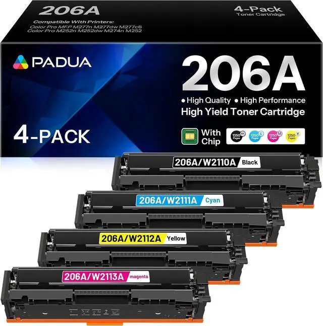 Main image of Padua 206A Toner Cartridge 4 Pack (with Chip) Compatible W2110A W2111A W2112A W2113A Toner Replacement for HP 206A Color Pro MFP M283fdw M283cdw M282nw M283fdn Pro M255dw M255nw Toner Printer