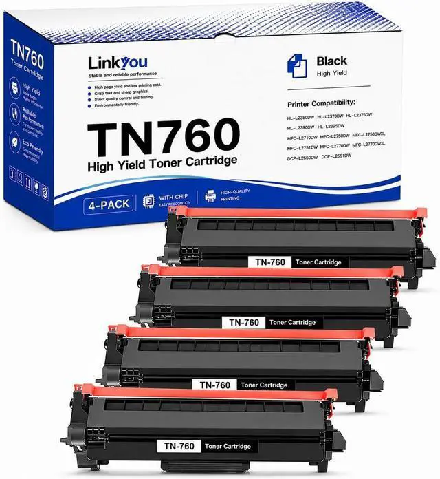 Main image of TN760 Toner Cartridge High Yield Replacement for Brother TN-760 TN730, Works with HL-L2350DW HL-L2370DW MFC-L2710DW MFC-L2750DW DCP-L2550DW Printer, 4-Pack
