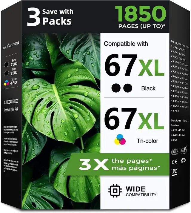 Main image of 67XL Ink Cartridges 3-Pack Replacement for HP Ink 67 XL HP67 HP67XL Cartridge Black/Color Combo Pack for 2700 2852e 2855e 4155e 2755e 2734e 4100 2700e 4100e 6400 2752 2752e 6055e 2742e 6458e Printer