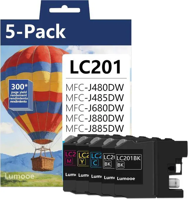 Main image of LC201 LC203XL High Yield Ink Cartridges 5-Pack (Includes 2 LC201BK, 1 LC201C, 1 LC201M,1 LC201Y) Replacement for Brother MFC-J880DW MFC-J885DW MFC-J460DW MFC-J4620DW MFC-J480DW Printer