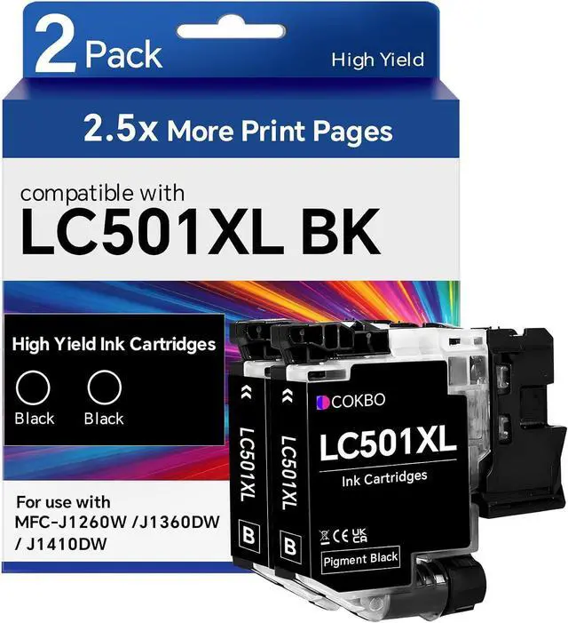 Main image of LC501XL Ink Cartridges Compatible with Brother LC501/LC501XL, for Brother MFC-J1360DW, MFC-J1260W, MFC-J1260DW, MFC-J1410DW Printers, 2-Pack, Black