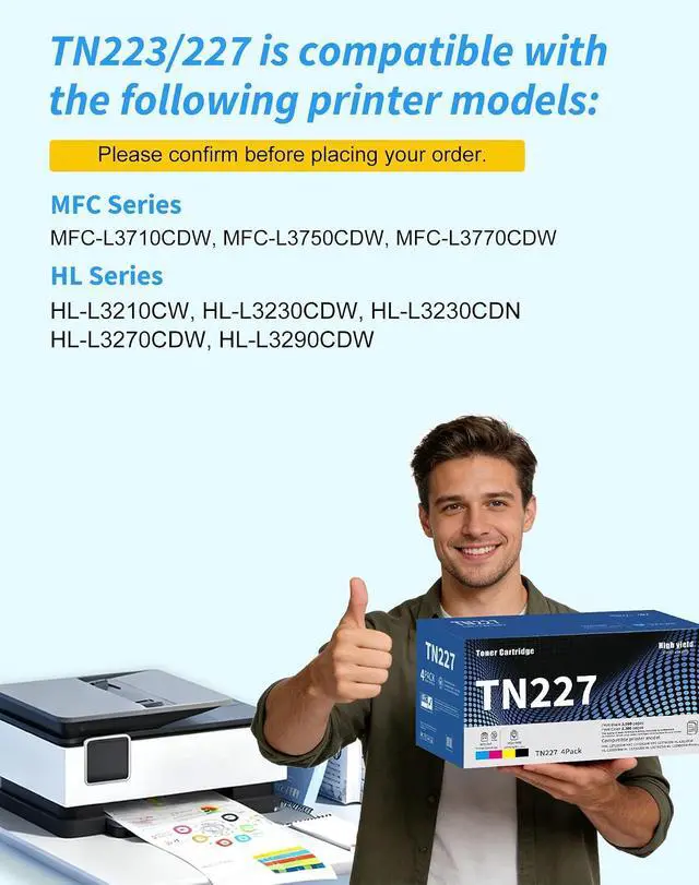Alt view image 2 of 7 - TN227BK/C/M/Y Toner Cartridges High Yield 4-Pack Compatible TN 223 TN223 TN-227 TN 2274PK Replacement for Brother TN227 Color Toner Set with HL-L3210CW, HL-L3270CDW, HL-L3230CDW, MFC-L3710CDW Printer