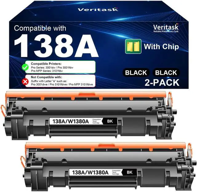 Main image of 138A MFP 3101fdw Toner Cartridge Replacement for HP W1380A 138A 138X Black Toner Cartridge ( with Chip ) Compatible with Laser Jet Pro 3001dw 3001fdw MFP 3101fdw, 2 Pack