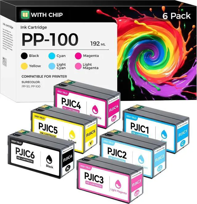 Main image of PP50 PP100 Ink Cartridges Set 32ml 6-Pack Replacement for PJIC1 PJIC2 PJIC3 PJIC4 PJIC5 PJIC6 Ink Works with DiscProducer PP-50 PP-100 Color Printer Black Cyan Magenta Yellow Light Cyan Light Magenta