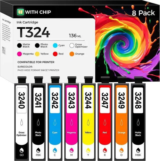 Main image of Remanufactured T324 Ink Cartridges 8-Pack Set High Yield Replacement Compatible with T3240 T3241 T3242 T3243 T3244 T3247 T3248 T3249 Ink Works with SureColor SC-P400 P400 Wide Format Inkjet Printer