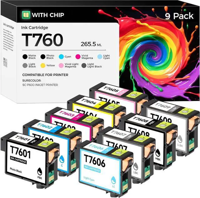 Main image of Remanufactured T760 Ink Cartridges 9-Pack High Yield Replacement Compatible with T7601 T7602 T7603 T7604 T7605 T7606 T7607 T7608 T7609 Ink Set Works with SureColor SC-P600 P600 Inkjet Printer Copy