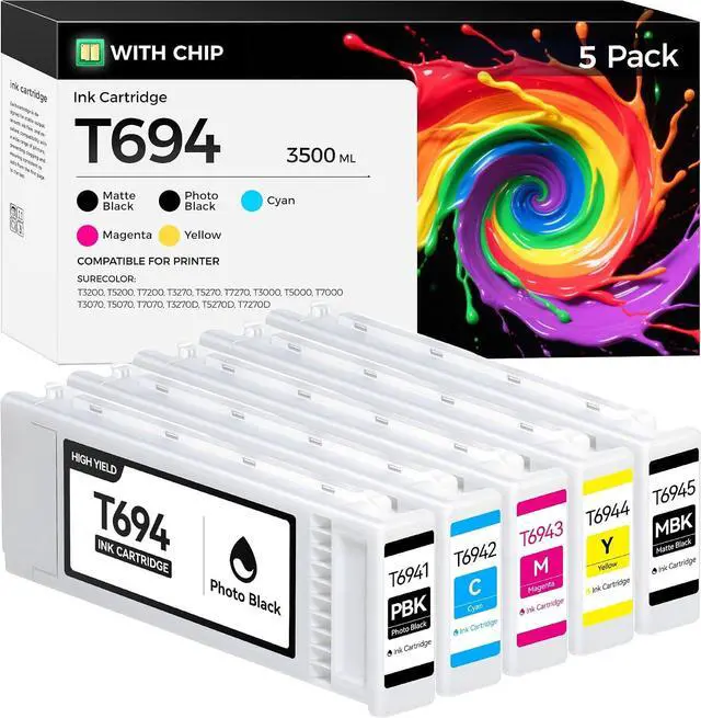 Main image of T694 Ink Cartridge 5-Pack 700ml High Yield Replacement for T6941 T6942 T6943 T6944 T6945 Ink Works with SureColor T3000 T3720 T5000 T5720 T7000 T7270 T3200 T5200 T7200 T3070 T5070 T7070 T7270D Printer