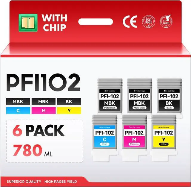 Main image of PFI-102 Ink Cartridge 130ml 6-Pack with chip High Yield Replacement Canon imagePROGRAF iPF500 iPF510 iPF600 iPF605 iPF610 iPF650 iPF655 iPF700 iPF710 iPF720 iPF750 iPF755 iPF760 iPF765 Inkjet Printer