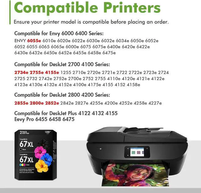 Alt view image 2 of 7 - 67 67XL Ink Cartridge Black/Color Combo Pack 2800e 2855e Replacement for HP67XL Work for HP Deskjet 2700 2755e 4255e 4155e 2827e 2852e 2700e Envy 6055e 6000 6400 6455e Printer (1 Black,1 Tri-Color)