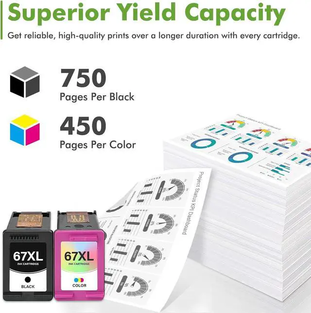 Alt view image 3 of 7 - 67 67XL Ink Cartridge Black/Color Combo Pack 2800e 2855e Replacement for HP67XL Work for HP Deskjet 2700 2755e 4255e 4155e 2827e 2852e 2700e Envy 6055e 6000 6400 6455e Printer (1 Black,1 Tri-Color)