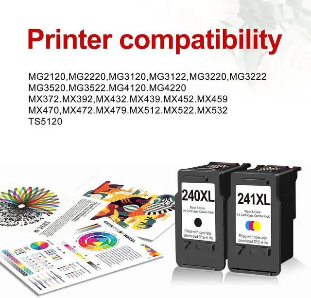 Alt view image 2 of 6 - 240xl 241xl Ink Cartridges Replacement Compatible for Canon PG-240 CL-241 XL pg240 cl241 Combo Pack for MG3620 MG3600 MG3520 TS5120 MG2120 MX472 MX452 MX512 MX532 Printer (1 Black,1 Color)