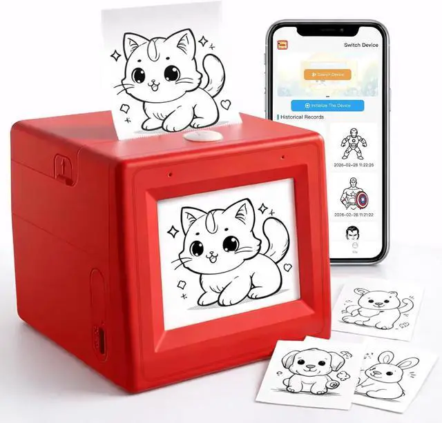 Main image of AI Smart Voice Sticker Printer Box, Smart Thermal Sticker Printer with Voice Control & Display, Inkless Portable Mini Printer for DIY, Study & Creative Fun, Includes 5 Rolls of Paper