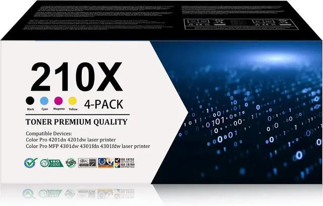 Main image of 210X High-Yield Toner Cartridge 4-Pack (Black, Cyan, Magenta, Yellow) Replacement for HP 210X Toner 210A Compatible for Color Pro 4201dn 4201dw Printer; Color Pro MFP 4301dw 4301fdn 4301fdw Printer