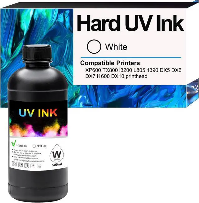 Main image of UV Ink White for Hard Materials Compatible with Ep XP600 TX800 i3200 L805 1390 DX5 DX6 DX7 i1600 DX10 printhead for Wood Acrylic, Plastic, Stone Material,etc (500ML)