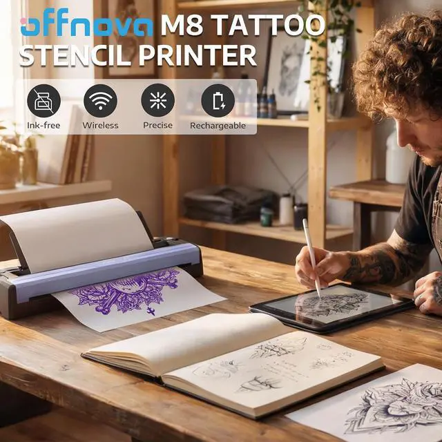 Alt view image 4 of 7 - OFFNOVA Wireless Tattoo Stencil Printer Portable Thermal Printer for Tattoo Transfer, 3D Preview, Photorealistic Linework, Compatible with iOS/Android/PC, Includes 10 Transfer Papers