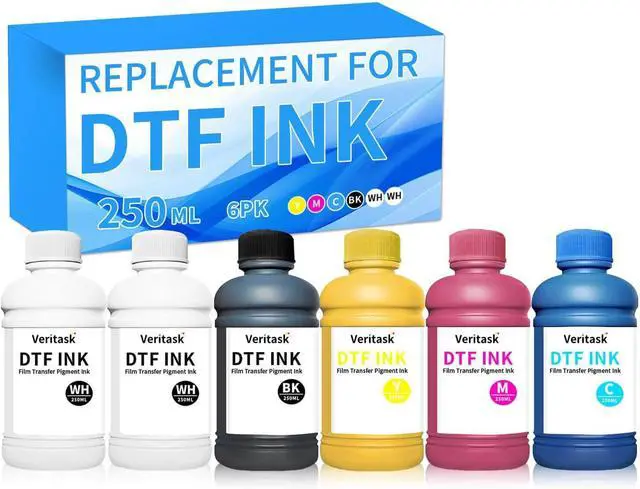 Main image of DTF Ink 250ml×6 (CMYK+2 White) Vibrant Durable Anti-Clog PET Film Transfer Ink Compatible with Pro Printers Featuring ET-8550 XP-15000 L1800 L805 R2400 R1390 Printheads